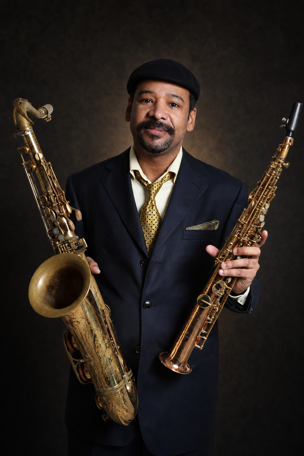 Tony Spruill holding tenor and soprano saxophones during a professional portrait session.